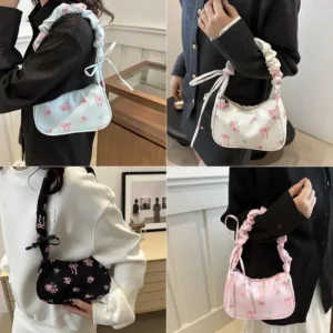 Korean Style Women's Shoulder Bag Y2K Sweet Floral Bow Printed Zipper Tote Pleated Canvas Daily Handbag
