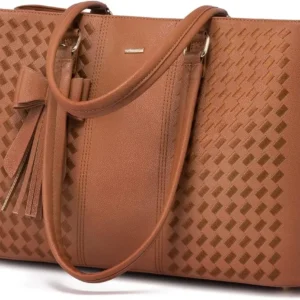 Waterproof PU Leather Laptop Tote Bag for Women, 15.6 Inch Business Office Work Briefcase, Brown