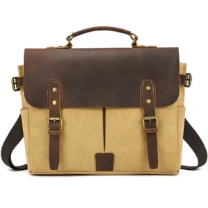 Men's Retro Canvas with Leather Handbag Leather Briefcase Versatile Simple Going Computer High Fashion Crossbody Shoulder Bag