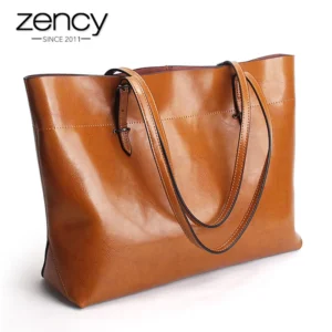 Zency New Brown Women Handbag 100% Genuine Leather Female Shoulder Purse Ladies Black Tote Bag Large Capacity Shopping Bags